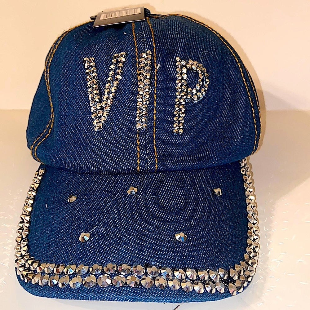 Nollia Denim And Rhinestones Logo Statement Fashion Baseball Cap.